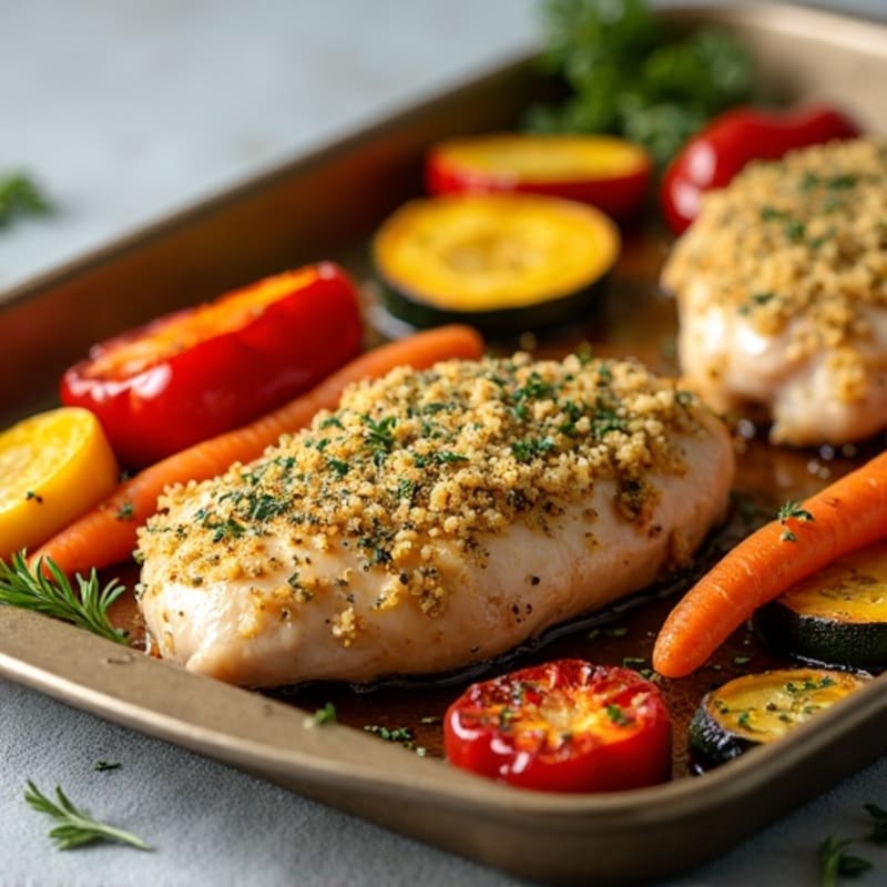 Herb-Crusted Sheet Pan Chicken with Roasted Rainbow Vegetables