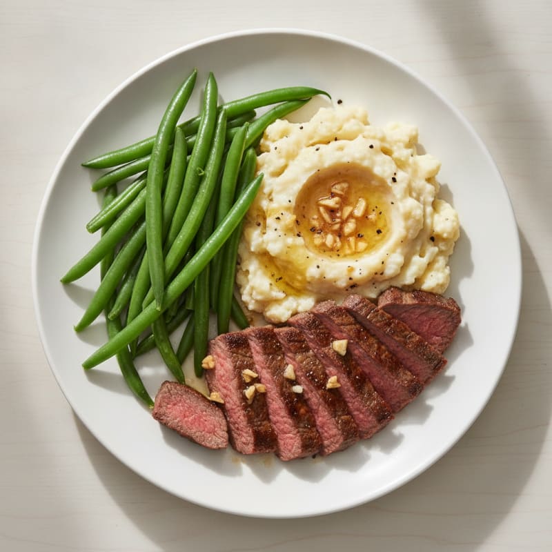 Seared Lean Beef Strips with Steamed Green Beans and Mashed Cauliflower