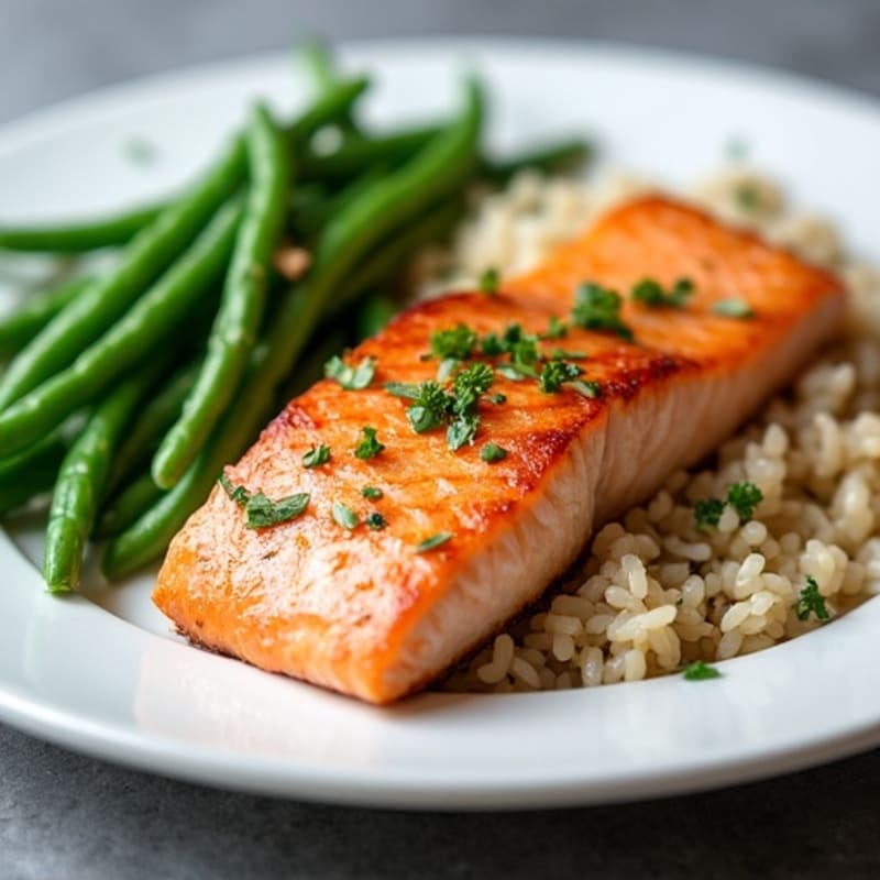 Seared Salmon with Garlic Green Beans and Brown Rice