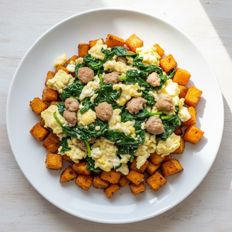 Egg White and Turkey Sausage Scramble with Spinach and Roasted Sweet Potatoes