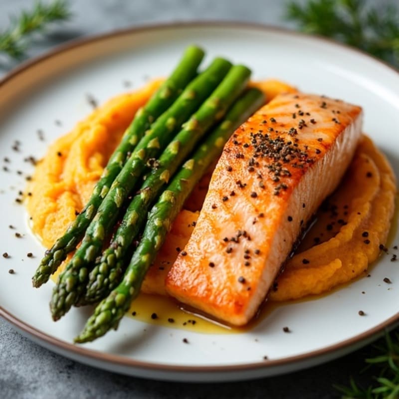 Seared Salmon Fillet with Steamed Asparagus and Sweet Potato Mash