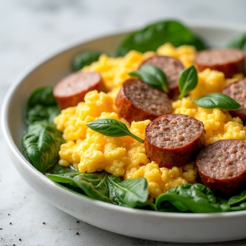 Fluffy Egg and Turkey Sausage Scramble with Spinach