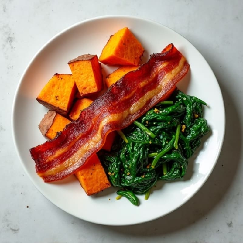 Crispy Turkey Bacon with Roasted Sweet Potatoes and Sautéed Spinach