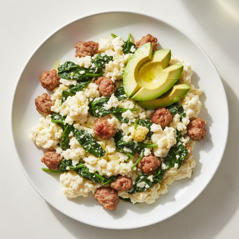 Egg White and Turkey Sausage Scramble with Sautéed Spinach
