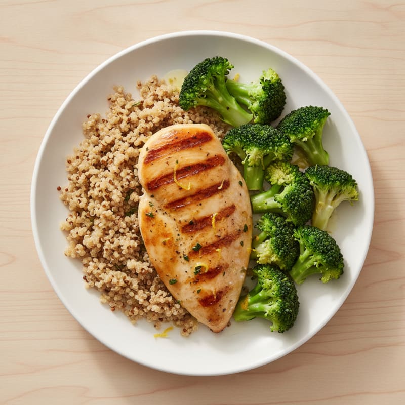 Grilled Chicken Breast with Steamed Broccoli and Quinoa