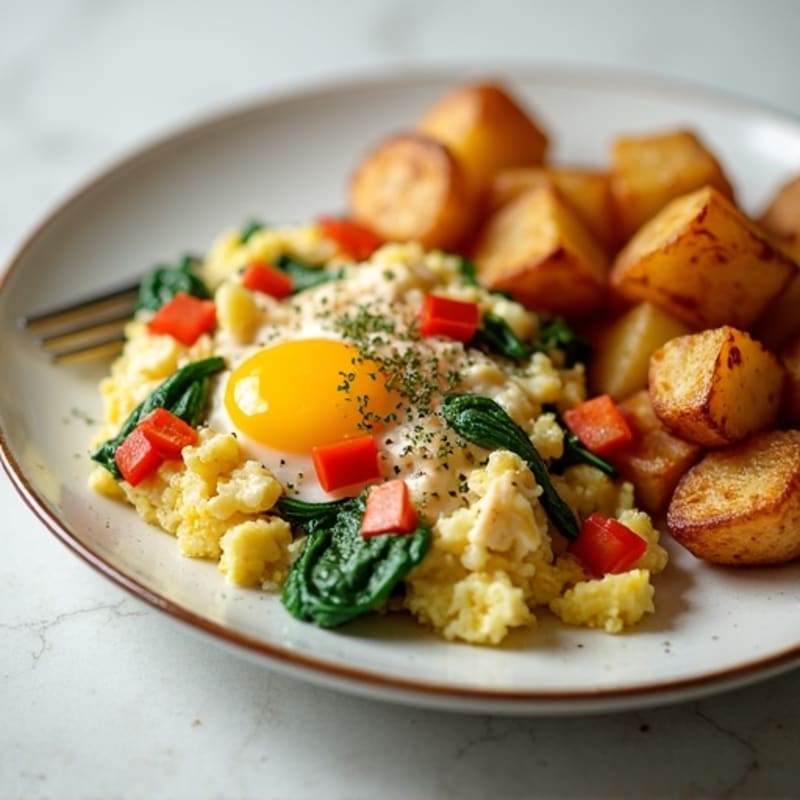 Egg White and Chicken Veggie Scramble with Roasted Potatoes