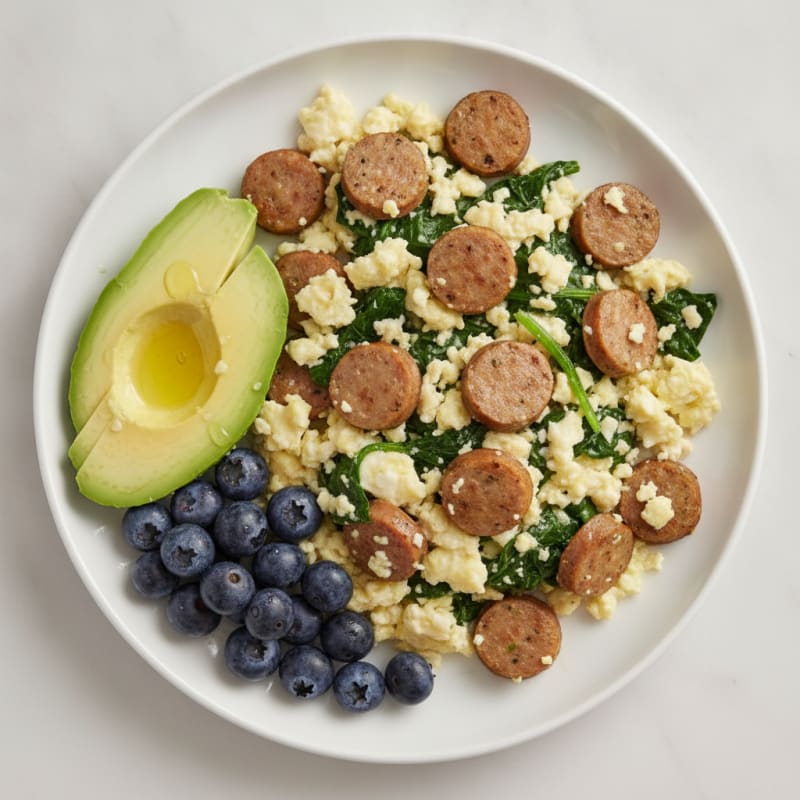 Egg White and Turkey Sausage Scramble with Baby Spinach