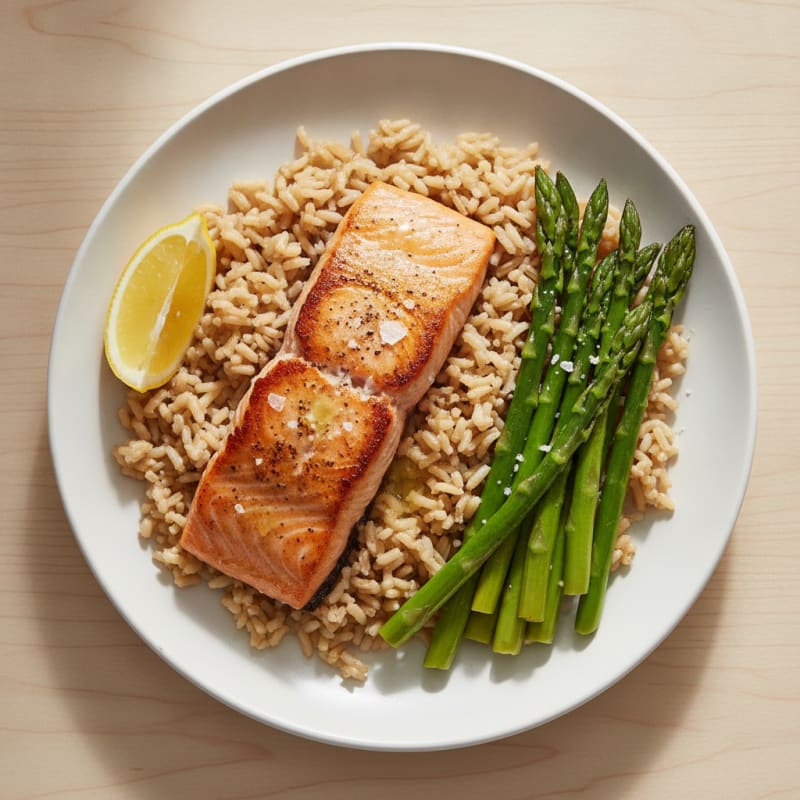 Seared Salmon Fillet with Steamed Asparagus and Brown Rice