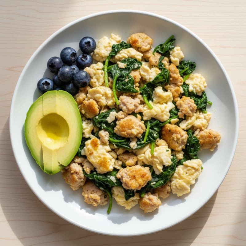 Egg White Scramble with Turkey Sausage and Sautéed Spinach