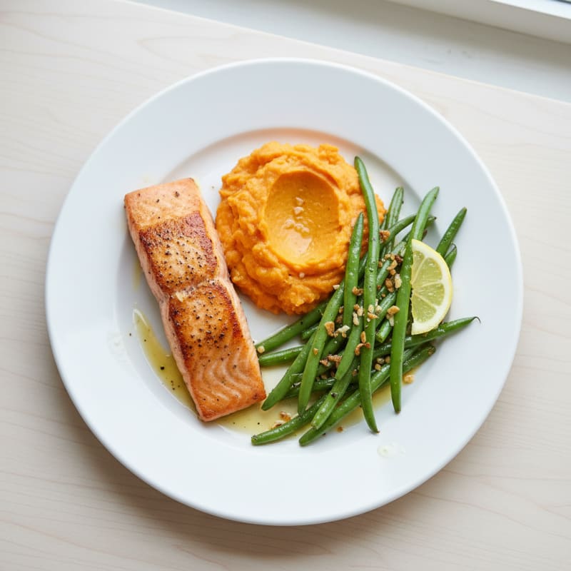 Seared Salmon with Garlic Green Beans and Sweet Potato Mash
