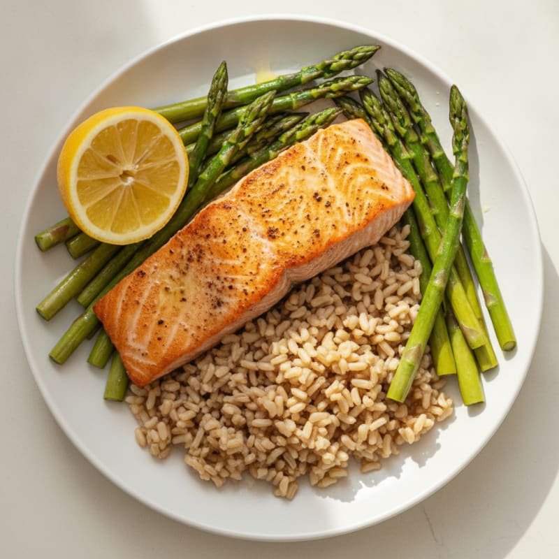 Seared Salmon with Steamed Asparagus and Brown Rice