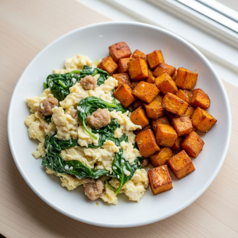 Egg White and Turkey Sausage Scramble with Spinach and Roasted Sweet Potato