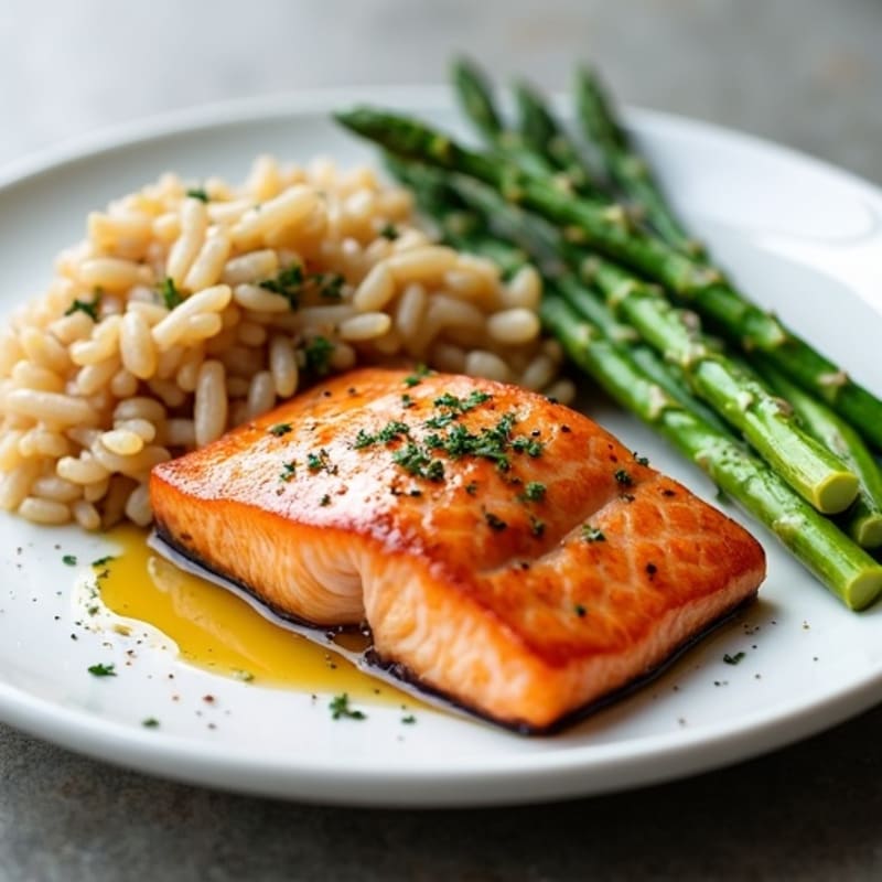 Seared Salmon with Steamed Asparagus and Brown Rice