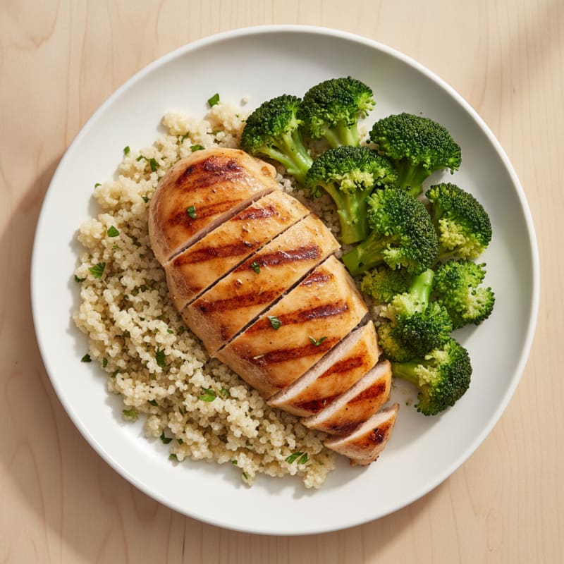 Grilled Chicken Breast with Steamed Broccoli and Quinoa