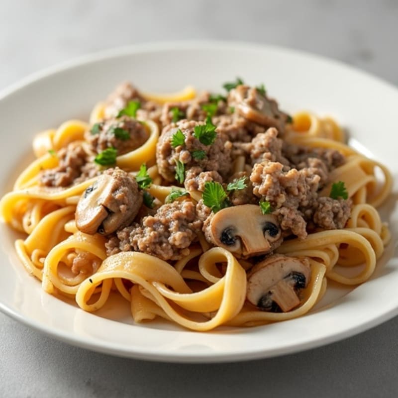 Beef and Mushroom Creamy Whole Wheat Noodles