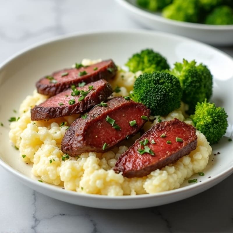 Seared Lean Beef Strips with Steamed Broccoli and Cauliflower Mash