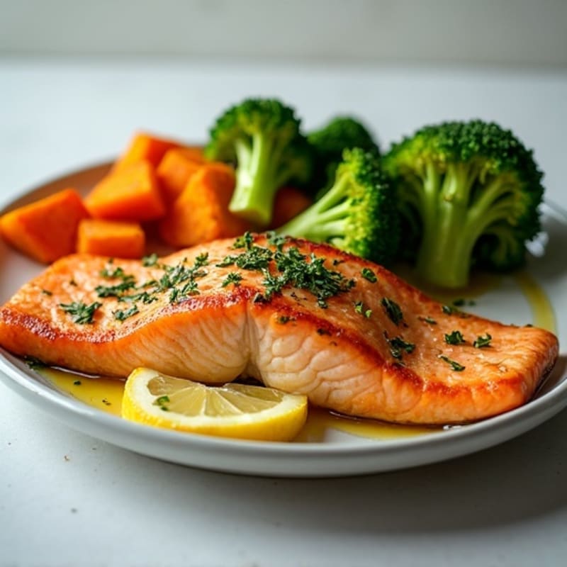 Lemon-Herb Roasted Salmon with Crispy Roasted Sweet Potatoes and Broccoli