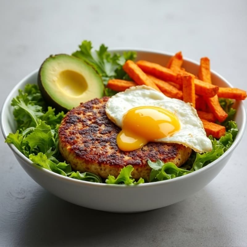 Turkey Burger Bowl with Crispy Sweet Potato Fries and Fresh Greens