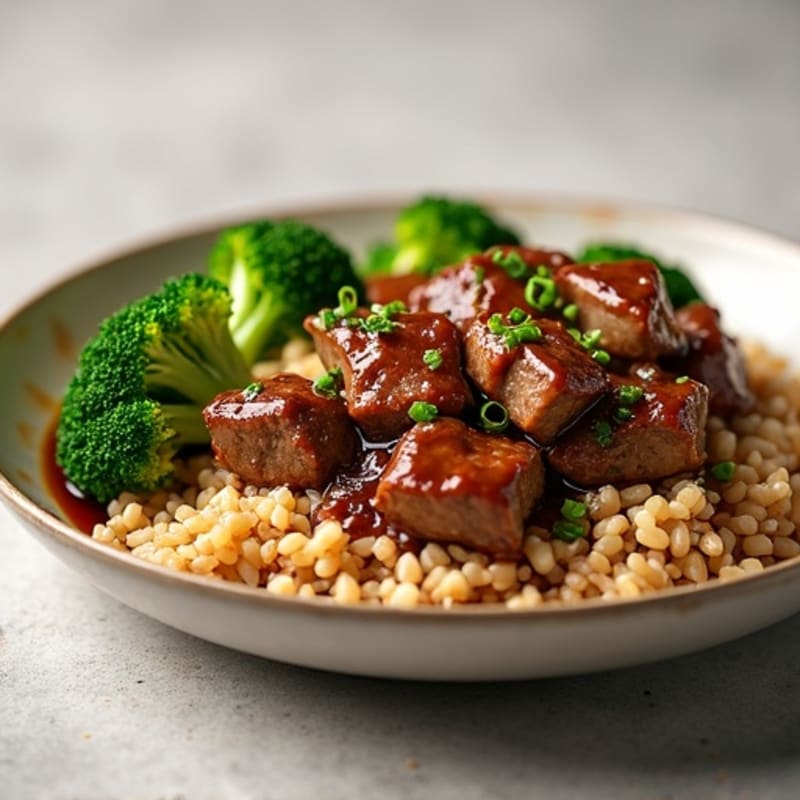 Garlic Ginger Beef and Crispy Broccoli with Brown Rice