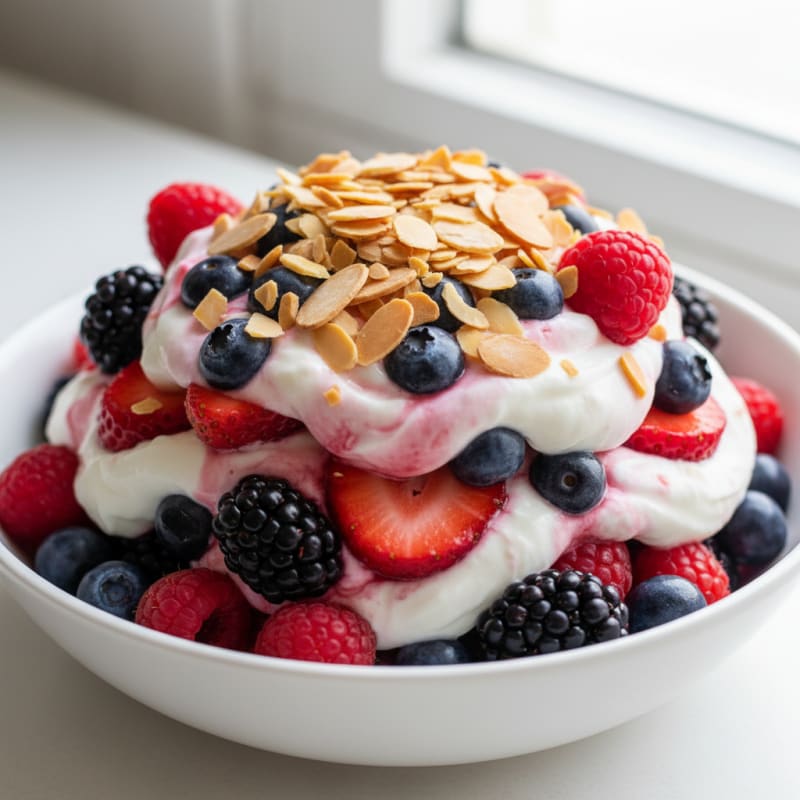Greek Yogurt Protein Parfait with Mixed Berries and Almonds