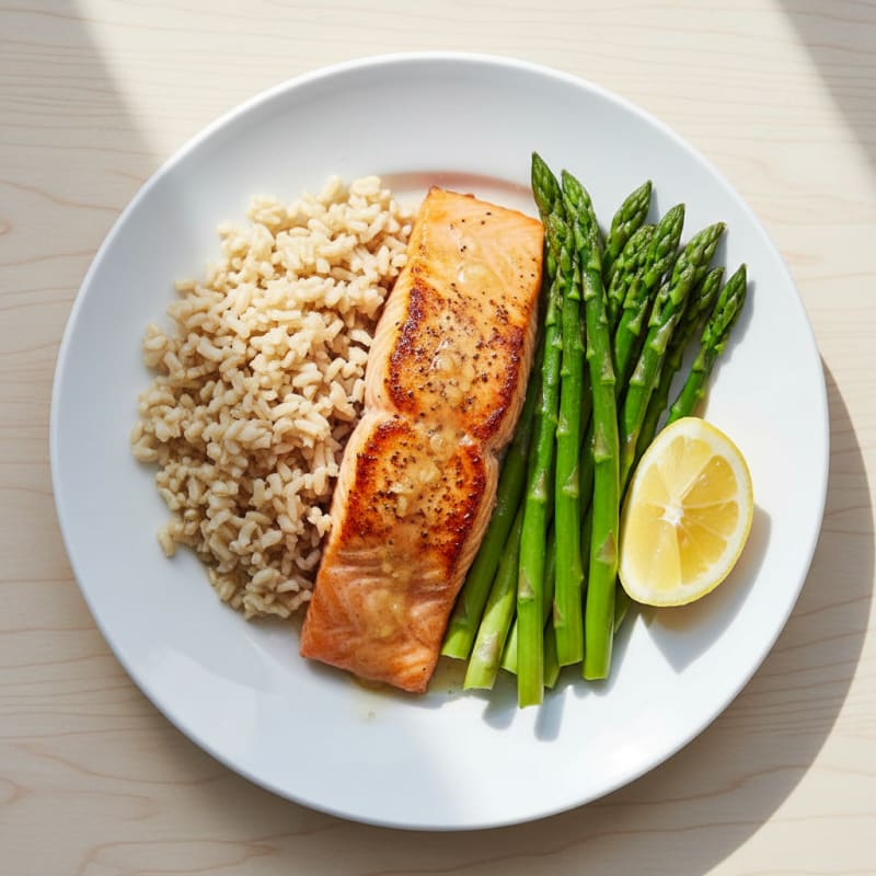 Seared Salmon Fillet with Steamed Asparagus and Brown Rice