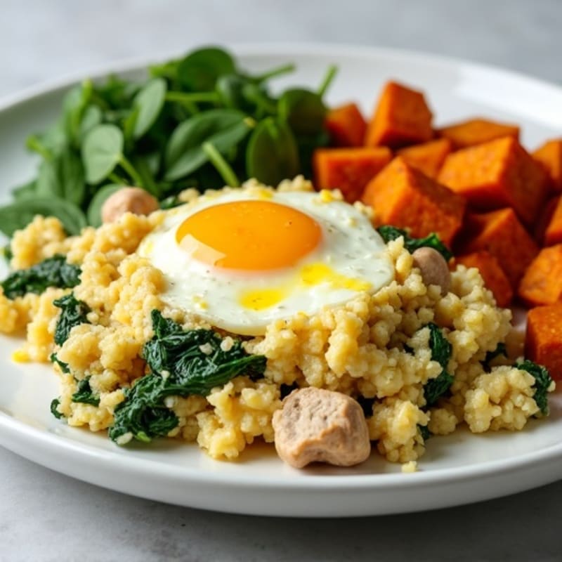 Egg White and Turkey Spinach Scramble with Roasted Sweet Potatoes