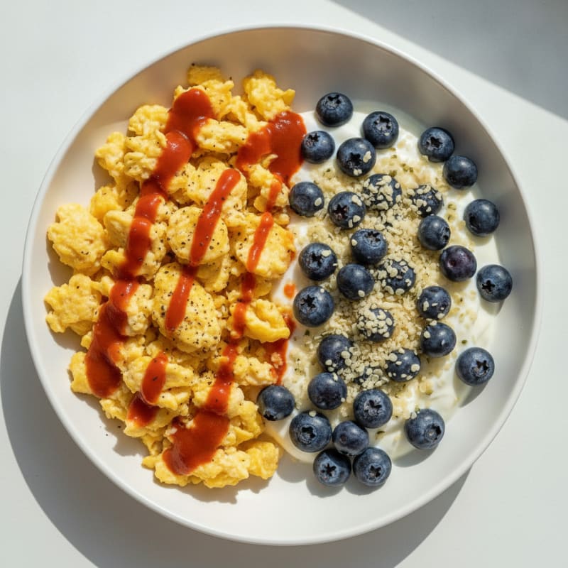 Scrambled Eggs with Hot Sauce and Yogurt Parfait