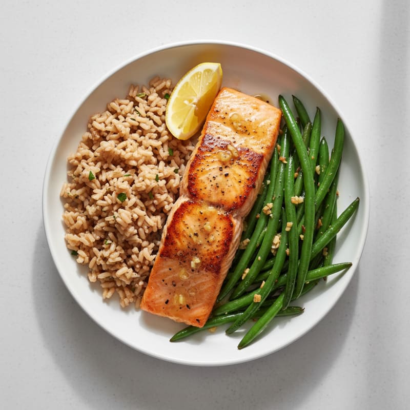 Seared Salmon with Garlic Green Beans and Brown Rice