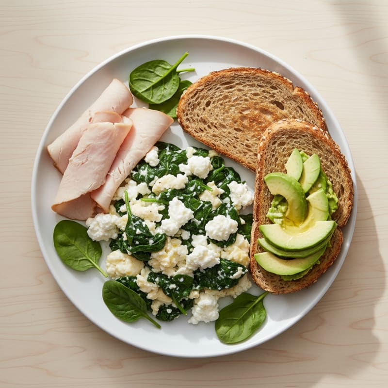 Egg White Spinach Scramble with Cottage Cheese and Sliced Turkey