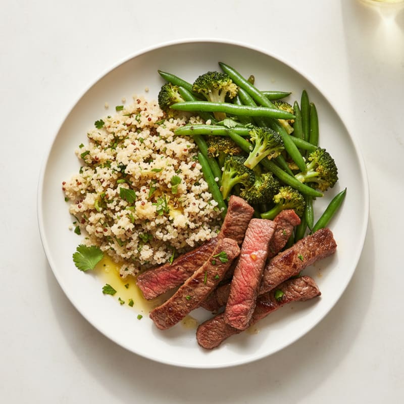 Seared Lean Beef Strips with Steamed Vegetables and Herbed Quinoa