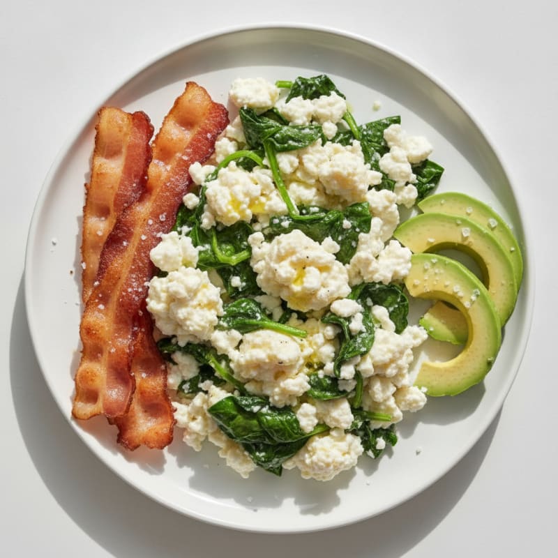 Egg White and Cottage Cheese Scramble with Spinach and Turkey Bacon