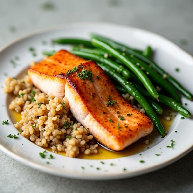 Seared Salmon with Garlic Green Beans and Brown Rice