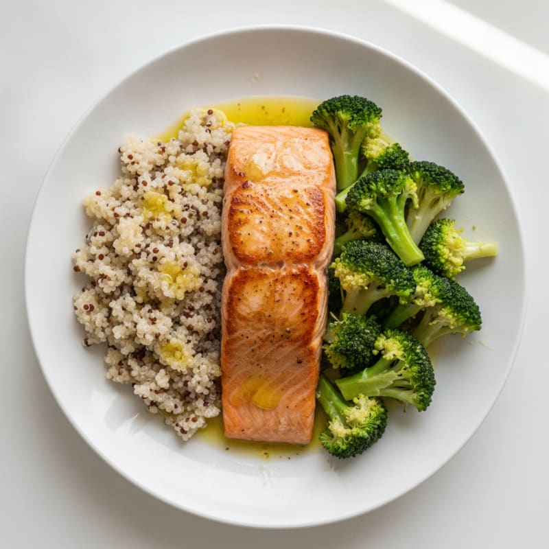 Seared Salmon with Steamed Broccoli and Quinoa