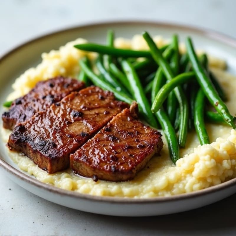 Seared Lean Beef with Garlic Green Beans and Cauliflower Mash