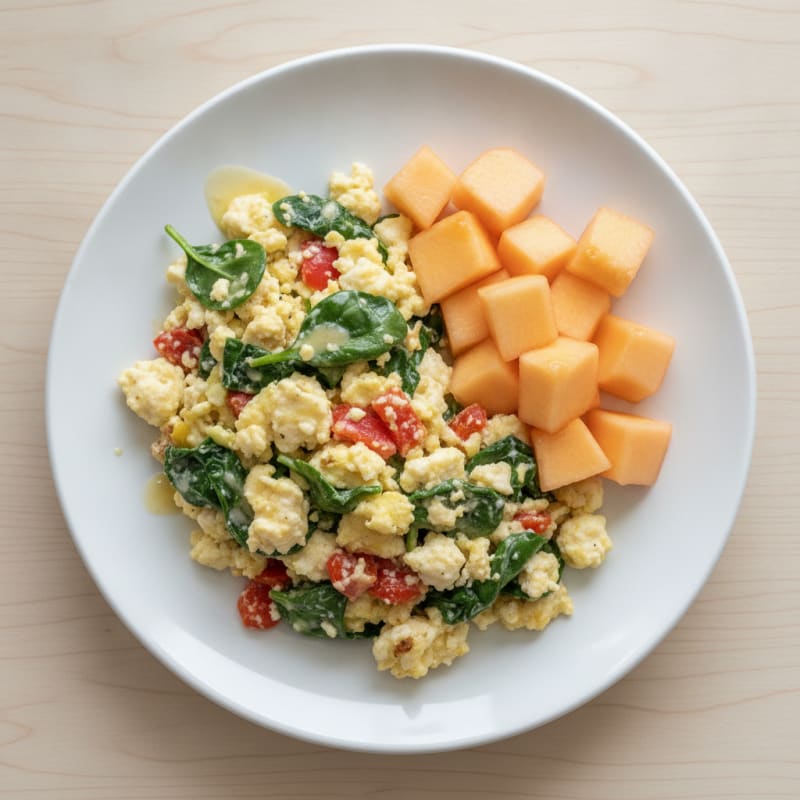 Cottage Cheese Scramble with Spinach and Roasted Red Peppers