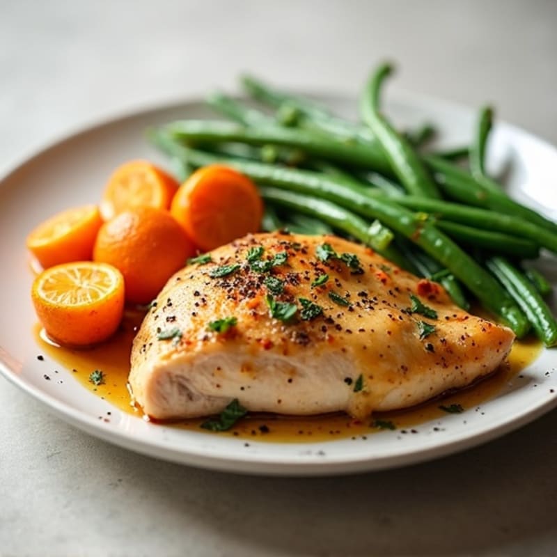 Lemon Herb Roasted Chicken with Crispy Roasted Sweet Potatoes and Green Beans