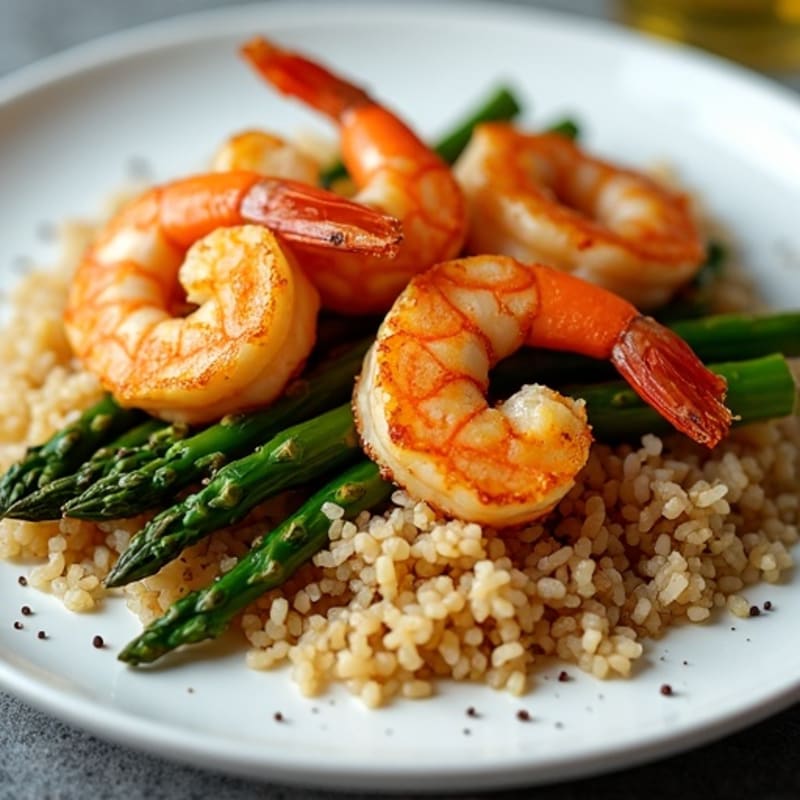 Crispy Pan-Seared Shrimp with Roasted Asparagus and Brown Rice