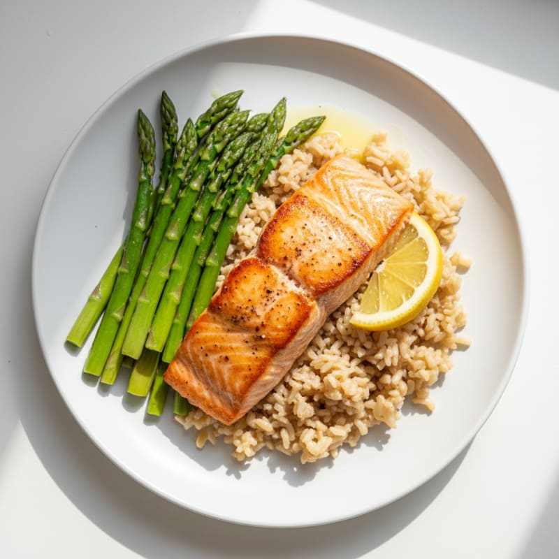 Seared Salmon with Steamed Asparagus and Brown Rice