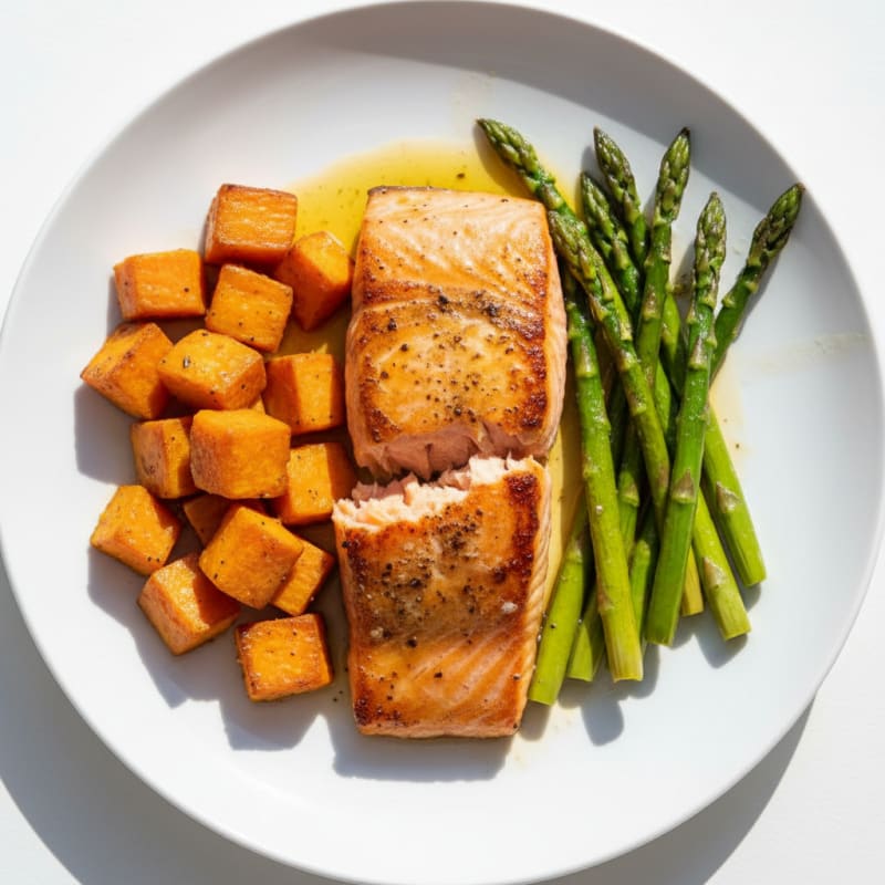 Seared Salmon Fillet with Roasted Sweet Potato and Asparagus