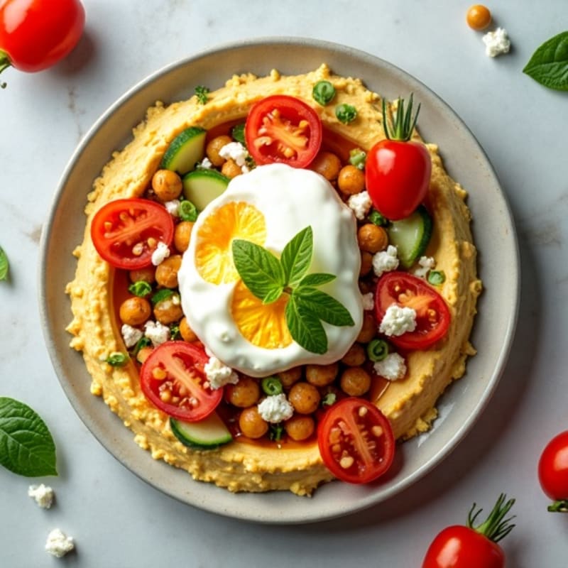 Loaded Hummus Plate with Crispy Chickpeas, Fresh Vegetables, and Tangy Feta