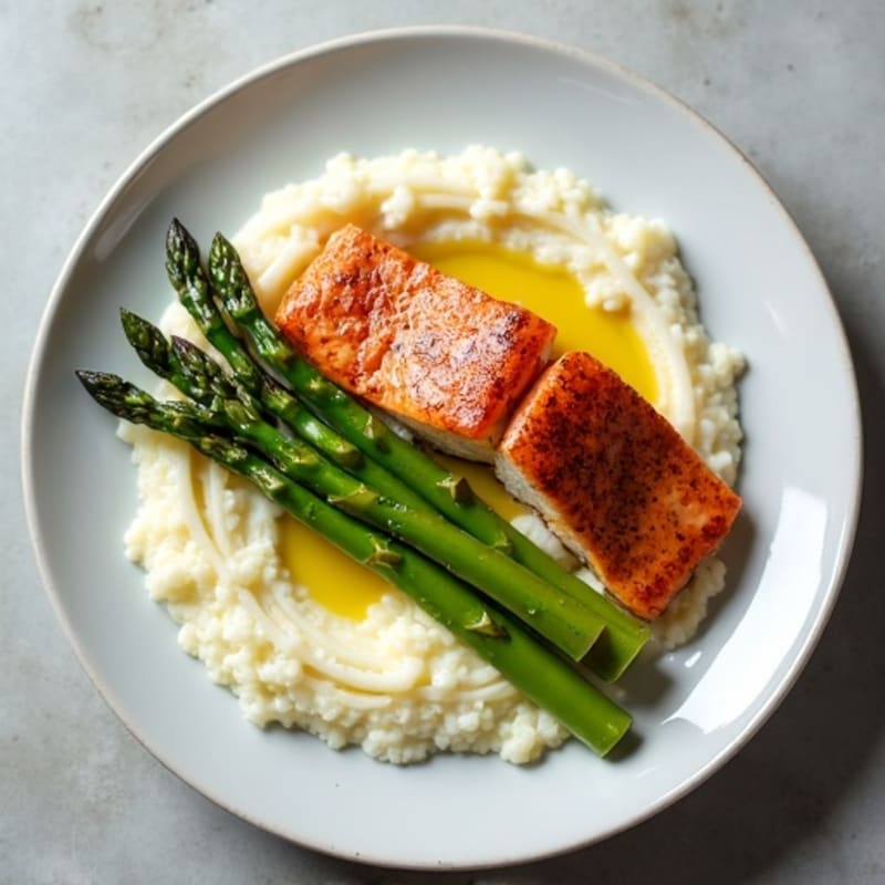 Seared Salmon with Steamed Asparagus and Cauliflower Mash