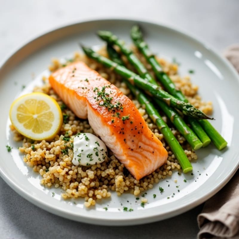 Seared Salmon with Steamed Asparagus and Garlic Quinoa