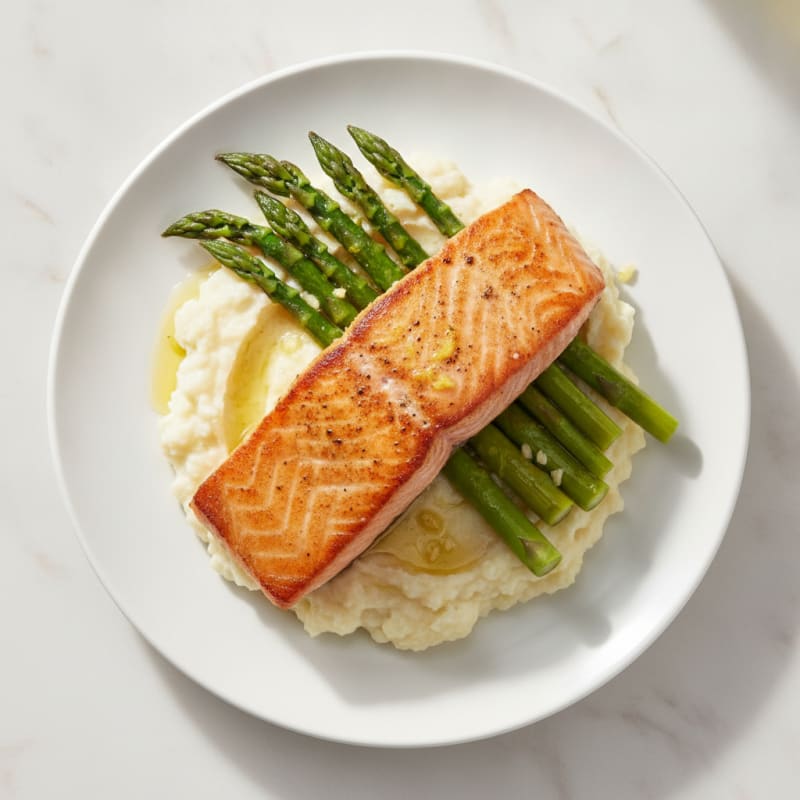 Seared Salmon with Steamed Asparagus and Cauliflower Mash