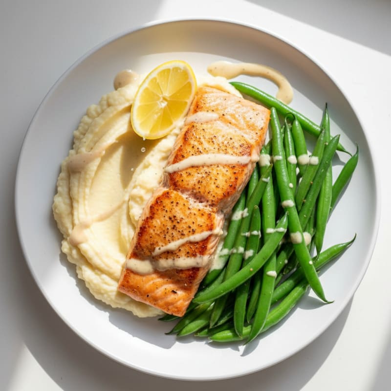 Seared Salmon with Steamed Green Beans and Cauliflower Mash