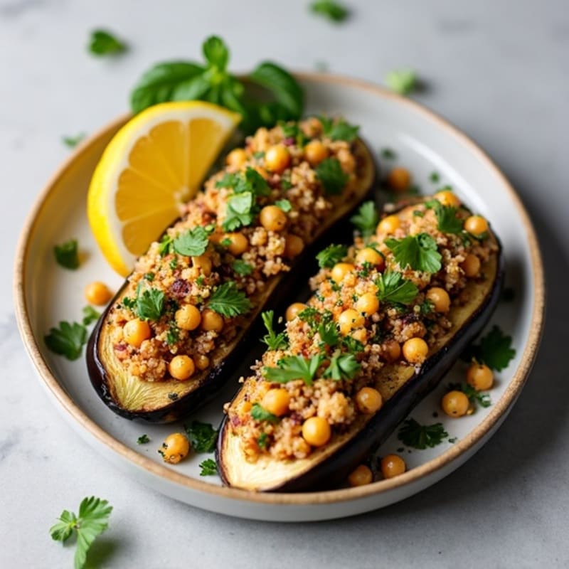 Roasted Vegan Stuffed Eggplant with Quinoa and Herbs