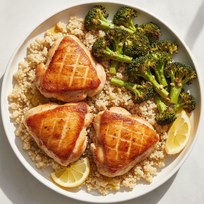 Seared Chicken Thighs with Roasted Broccoli and Quinoa