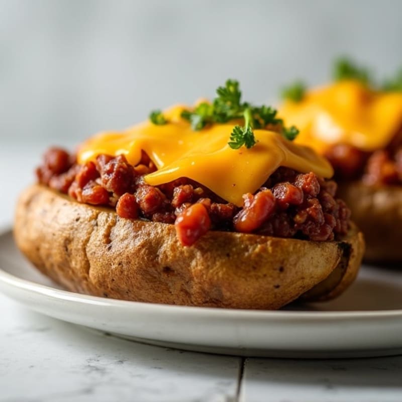 Crispy Baked Potato Halves with Hearty Beef Chili and Melted Cheddar