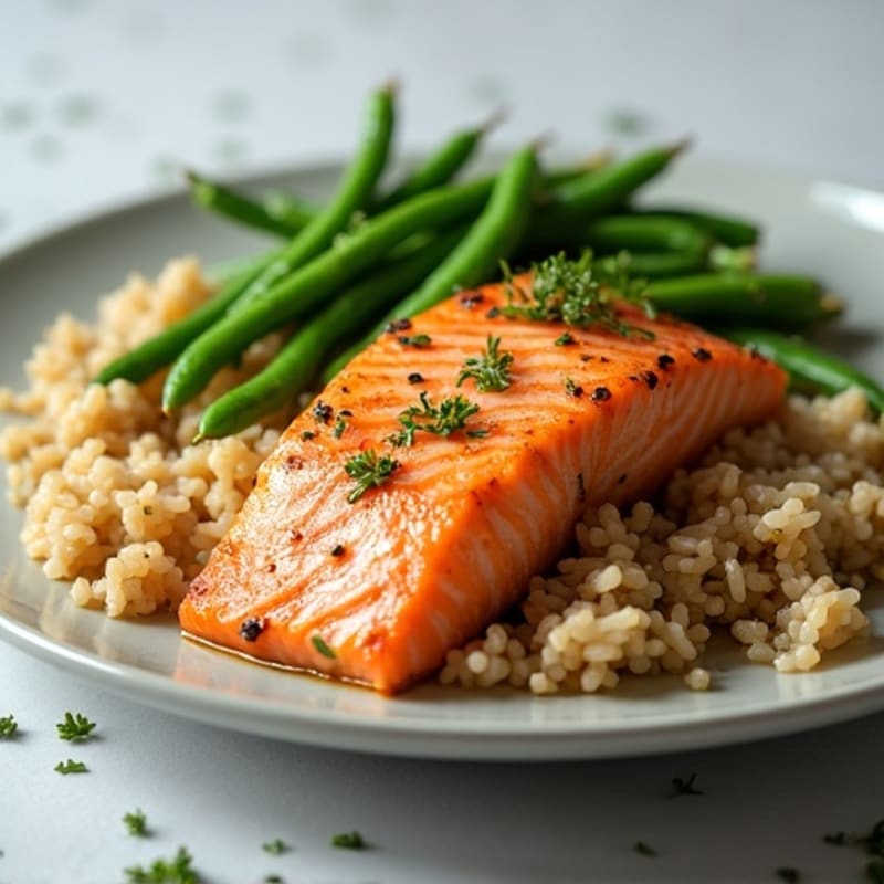 Seared Salmon Fillet with Garlic Green Beans and Brown Rice