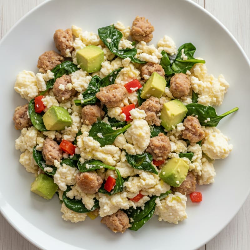 Egg White and Turkey Sausage Scramble with Sautéed Spinach