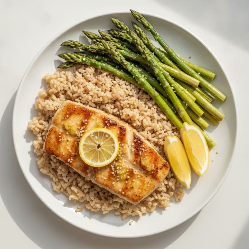 Seared Mahi Mahi with Steamed Asparagus and Brown Rice